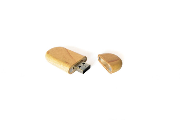 Wooden USB flash memory isolated on a white background - Photo, Image