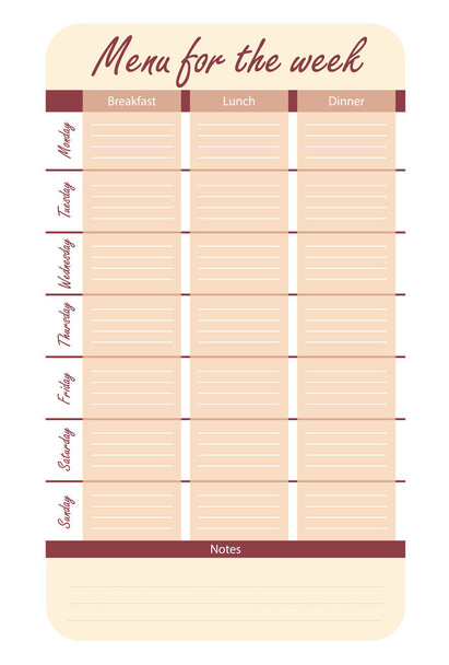 Возможности красного меню на неделю. шаблон для пищевого дневника. план питания на недельный вектор
 - Вектор,изображение