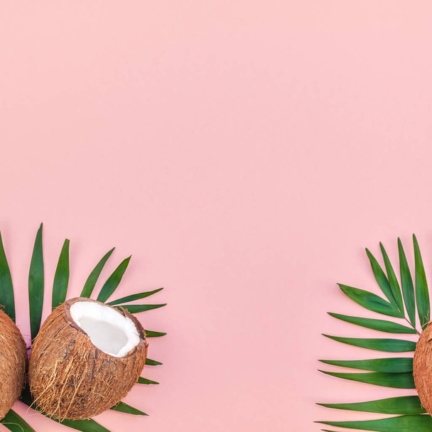 Palm leaves and coconuts on pink pastel background - Fotoğraf, Görsel