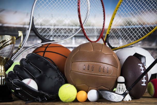 Sportballen met uitrusting, Winnaar achtergrond - Foto, afbeelding