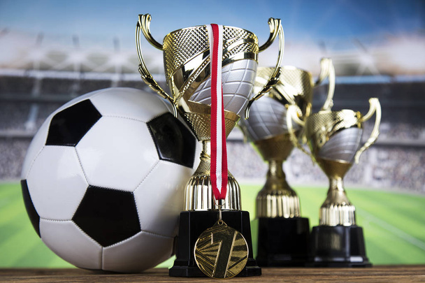 Trofeum zwycięzcy, sprzęt sportowy i piłki - Zdjęcie, obraz