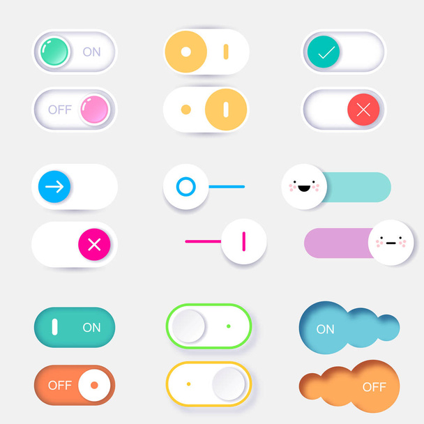 On and Off slider buttons. Switch interface buttons. Vector 3d illustration. Flat icon On and Off toggle switch button. switch toggle buttons, set sliders in ON and OFF position - Вектор,изображение