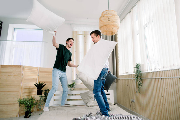Picture showing happy gay couple having pillow fight - Zdjęcie, obraz