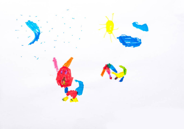 Kids drawing on white sheet of paper, closeup - Foto, Imagem