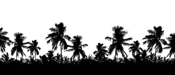 Шаблон или фон с реалистичным силуэтом верхушки деревьев, тропические пальмы, изолированные на белом фоне с пространством для текста - вектор
 - Вектор,изображение