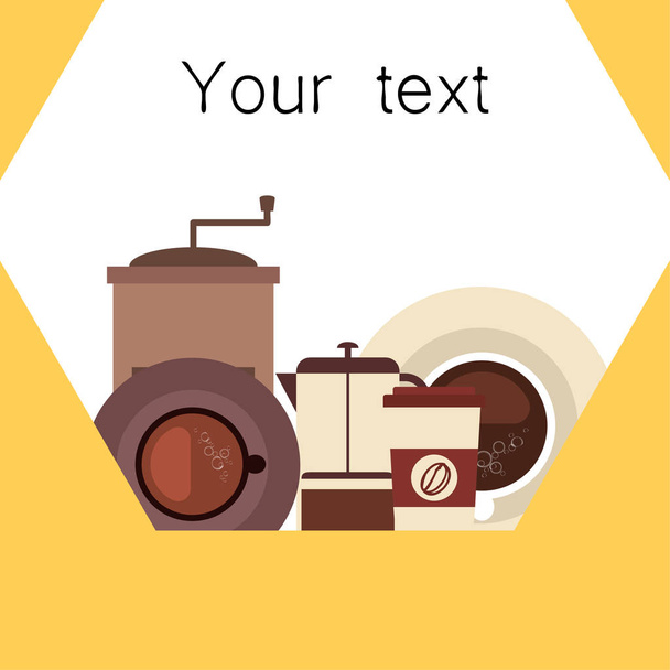 Vector background on a coffee theme. A cup of fresh coffee, Coffee grinder, French press for brewing. - Vektor, Bild