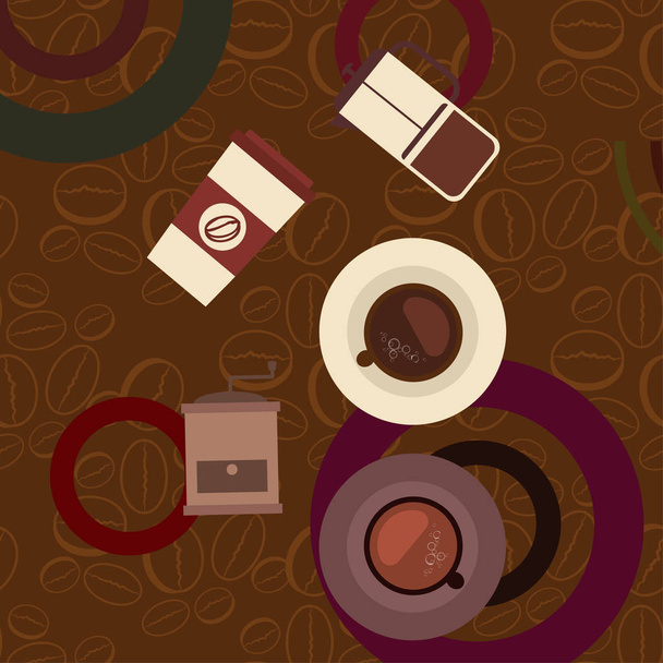 Vector background on a coffee theme. A cup of fresh coffee, Coffee grinder, French press for brewing. - Wektor, obraz