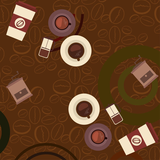 Vector background on a coffee theme. A cup of fresh coffee, Coffee grinder, French press for brewing. - Vetor, Imagem