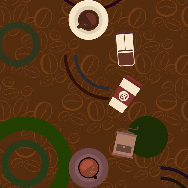 Vector background on a coffee theme. A cup of fresh coffee, Coffee grinder, French press for brewing. - Vektor, kép