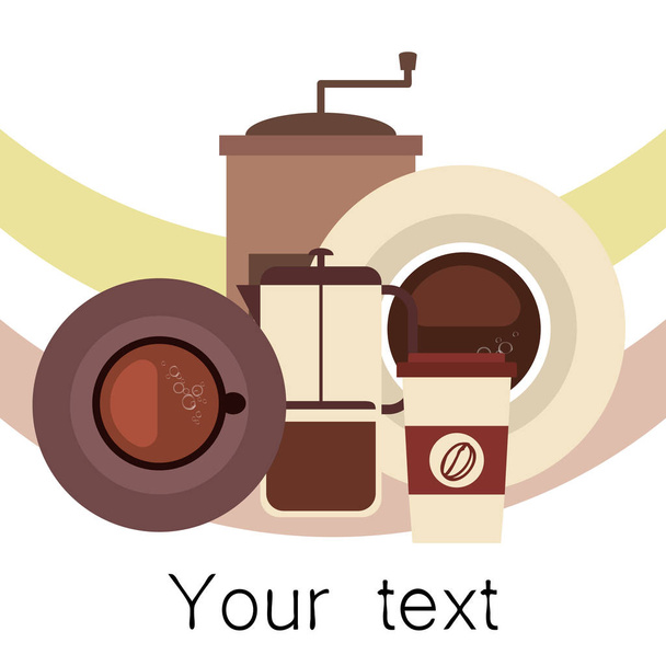 Vector background on a coffee theme. A cup of fresh coffee, Coffee grinder, French press for brewing. - Vektori, kuva