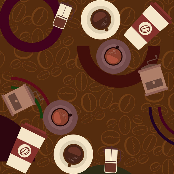 Vector background on a coffee theme. A cup of fresh coffee, Coffee grinder, French press for brewing. - Вектор, зображення