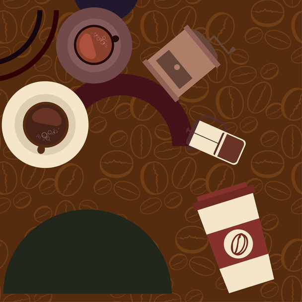 Vector background on a coffee theme. A cup of fresh coffee, Coffee grinder, French press for brewing. - Вектор,изображение