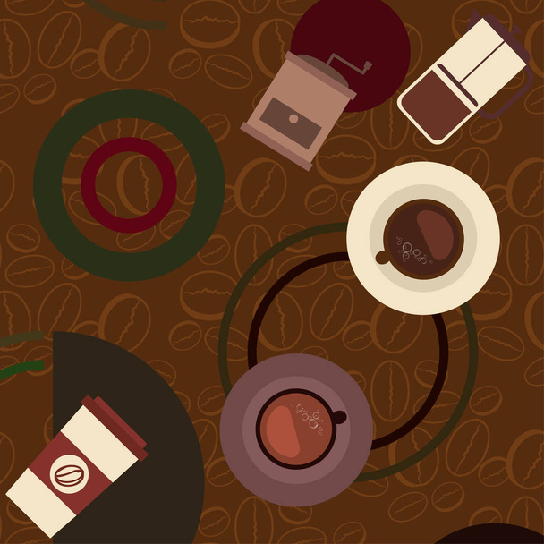 Vector background on a coffee theme. A cup of fresh coffee, Coffee grinder, French press for brewing. - Vector, imagen