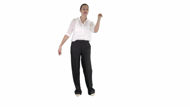 Business woman laughing and saying something on white background. - Footage, Video