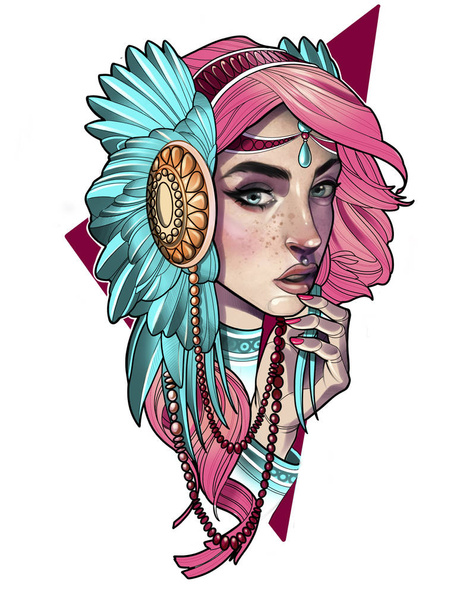 illustration of a girl with pink hair and feather decoration - Photo, Image