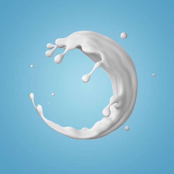 3d render, milk spiral splashing, liquid wave, white splash, paint, loops, curvy jet, isolated on blue background - Foto, afbeelding