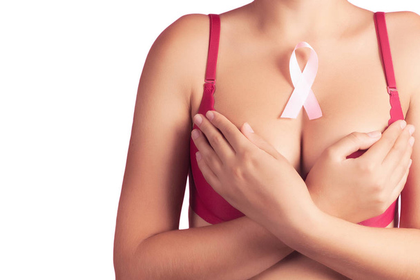 healthcare and medicine concept - woman with pink breast cancer  - Fotó, kép