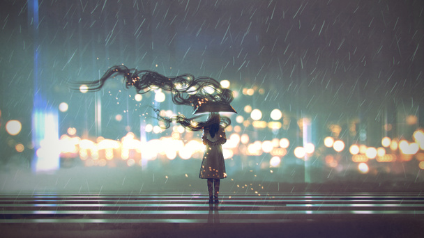 Tajemnicza kobieta z parasolem w deszczową noc, styl sztuka cyfrowa, ilustracja, malarstwo - Zdjęcie, obraz