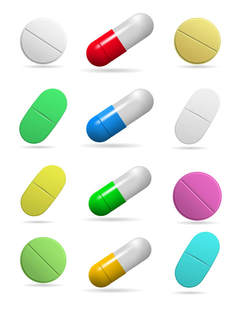 Лекарственные таблетки. Набор овальных, круглых и капсул таблеток разного цвета. Изолированные объекты на белом фоне. Векторная иллюстрация
. - Вектор,изображение