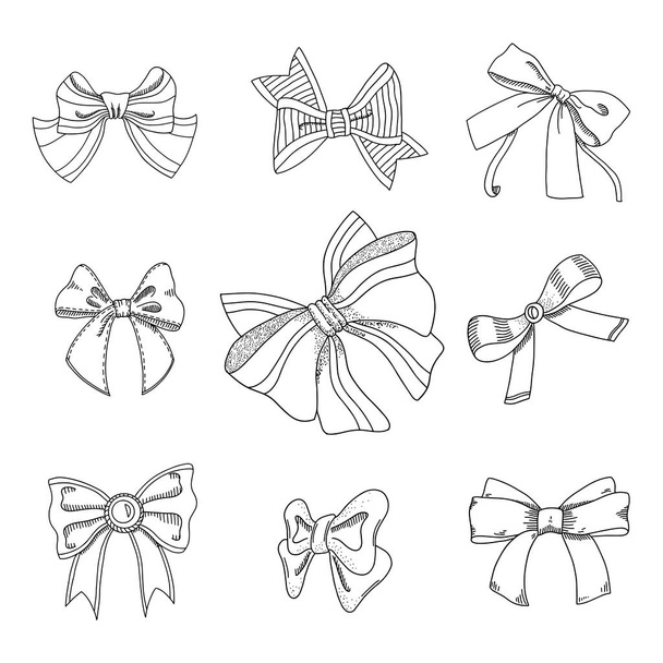 Set of different bows and ribbon knots. Hand drawn isolated vector - Вектор,изображение