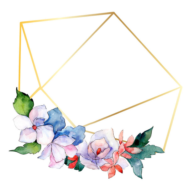 Bouquets floral botanical flowers. Watercolor background illustration set. Frame border crystal ornament square. - Φωτογραφία, εικόνα