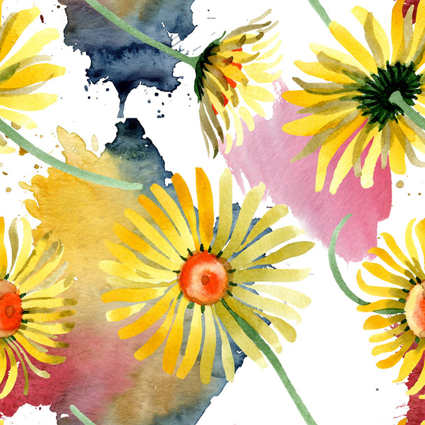 Yellow daisy floral botanical flowers. Watercolor background illustration set. Seamless background pattern. - Zdjęcie, obraz