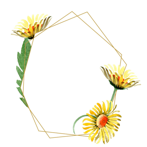 Yellow daisy floral botanical flowers. Watercolor background illustration set. Frame border crystal ornament square. - Foto, Imagen