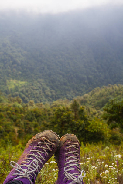 Violet trekking shoes on the nature. Nepal - Photo, Image
