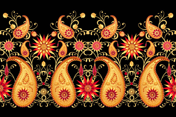 3d rendering. Golden stylized flowers, delicate shiny curls, paisley element, seamless pattern. Oriental style arabesques. Brilliant lace, Turkish, Indian cucumber. - Photo, image