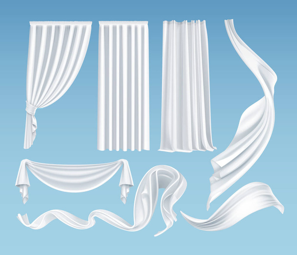 ●リアルになびく白い布、柔らかな軽量クリア素材と背景に孤立したカーテンのベクトルセット - ベクター画像
