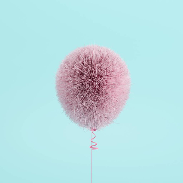 Pink Balloon Fur floating on blue background. minimal concept idea. - Foto, afbeelding