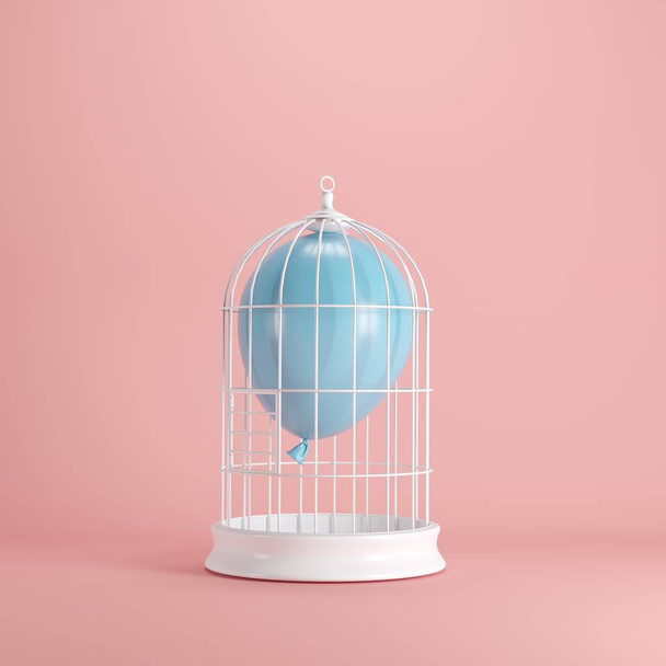 Balão azul flutuando em gaiola branca no fundo rosa pastel. conceito de ideia mínima
. - Foto, Imagem