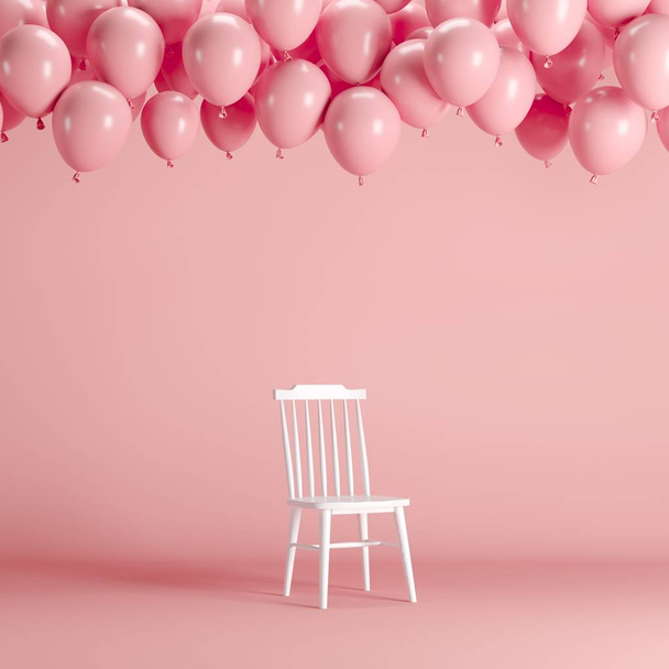 Λευκή καρέκλα με αιωρούμενα ροζ μπαλόνια σε ροζ στούντιο δωμάτιο. ελάχιστη ιδέα δημιουργική αντίληψη. - Φωτογραφία, εικόνα