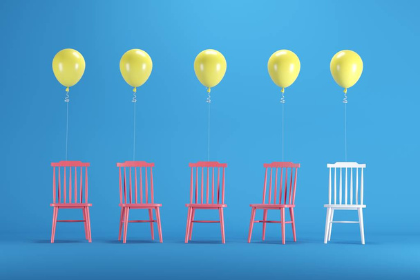 Silla blanca con globos flotantes amarillos entre sillas rojas sobre fondo azul. concepto de idea mínima
. - Foto, Imagen