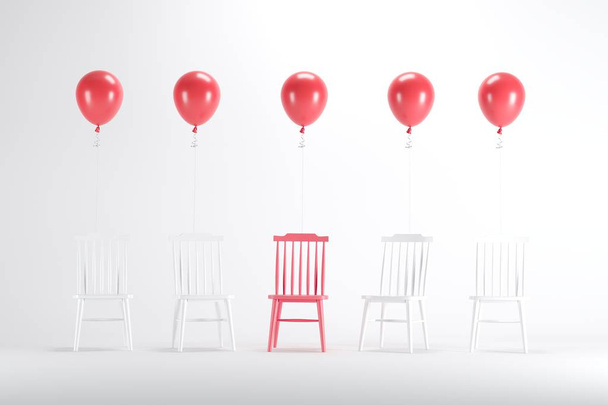 Cadeira vermelha com balões vermelhos flutuantes entre a cadeira branca no fundo branco. conceito de ideia mínima
. - Foto, Imagem