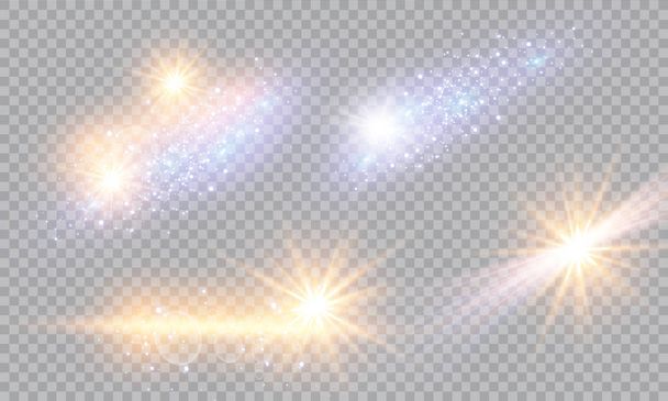 Vektori havainnollistaa abstrakteja valosäteitä. Joukko tähtiä, valoa ja säteilyä, säteitä ja kirkkautta. Valoefekti. Vektorikuvitus. Joulun flash käsite - Vektori, kuva