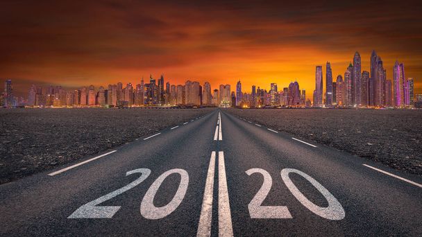 2020 new year towards the skyline at empty highway  - Photo, Image