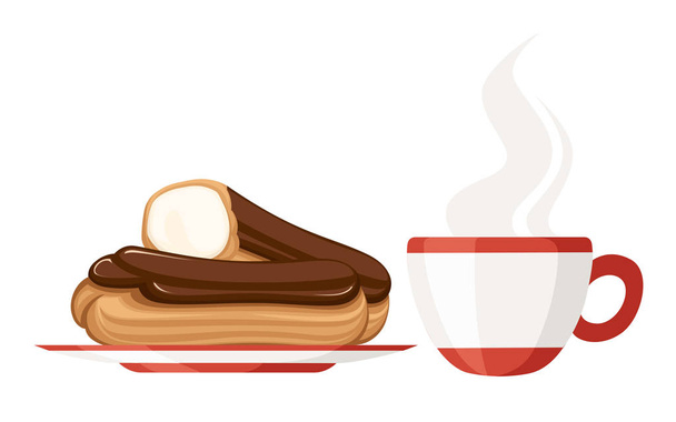 Sweet and yummy cream eclair dessert with tea cup. Choux pastry filled with cream. Flat vector illustration isolated on white background. Dessert set - Vektori, kuva
