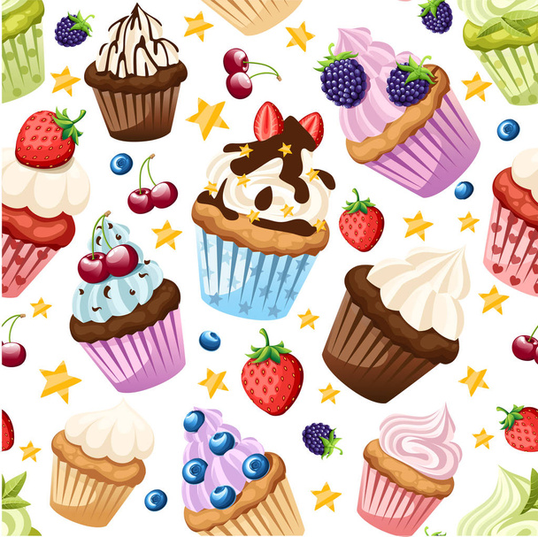 Patrón sin costuras. Colección de cupcakes con diferentes ingredientes. Conjunto de pasteles dulces. Postres coloridos. Ilustración vectorial plana sobre fondo blanco
 - Vector, Imagen