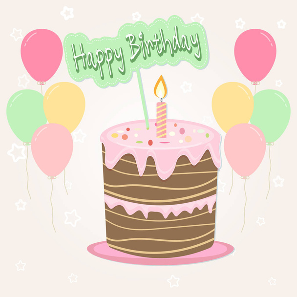 Cake and balloon Greeting card, Happy Birthday card - Vector, imagen