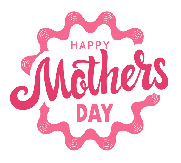 Feliz Dia das Mães emblemas ou logotipo distintivo mão caligrafia desenhada. Design de lettering vetorial rosa para cartaz de banners ou camiseta em um fundo branco. Símbolos tipográficos
 - Vetor, Imagem