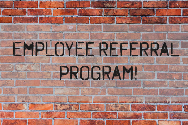 Handwriting text Employee Referral Program. Concept meaning Recommend right jobseeker share vacant job post Brick Wall art like Graffiti motivational call written on the wall. - Photo, Image