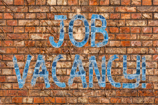 Conceptual hand writing showing Job Vacancy. Business photo text state of being empty or available job to be taken employer Brick Wall art like Graffiti motivational call written on the wall. - Photo, Image