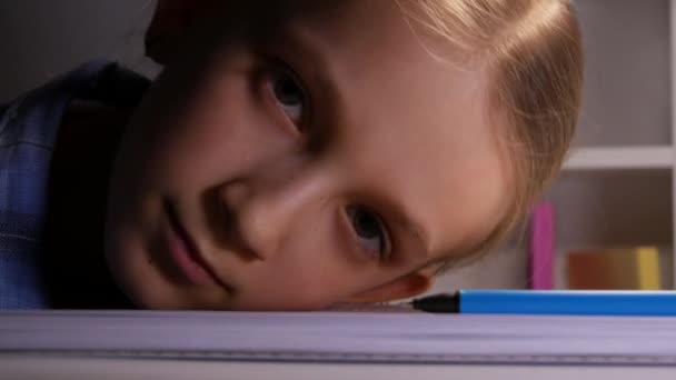 Child Studying in Night, Kid Writing in Dark Student Learning Evening Schoolgirl - Кадри, відео
