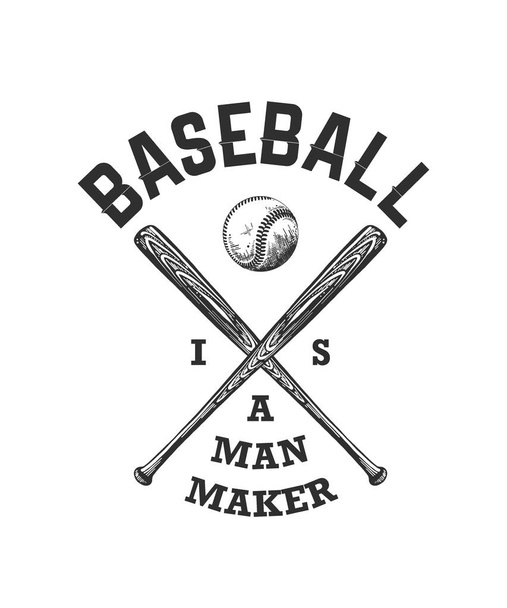 Handgezeichnete Skizze von Baseballball und Schläger mit Motivationsschrift auf weißem Hintergrund. Baseball ist ein Männersport. - Vektor, Bild