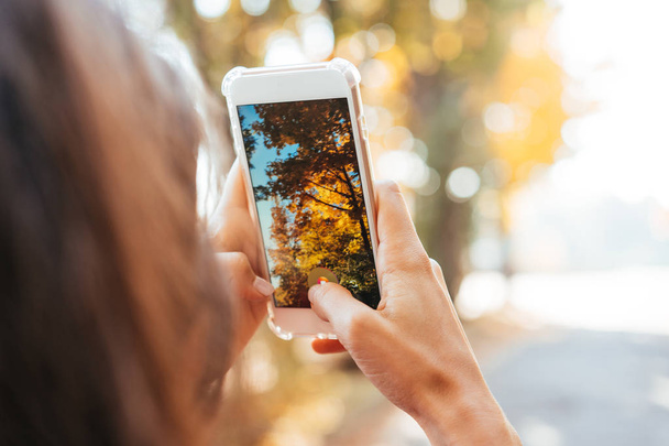 Mujer toma una foto de un árbol de otoño en una calle
 - Foto, imagen