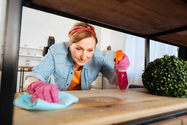 Cheerful hard-working lady applying cleaning spray on wooden shelves - Fotó, kép