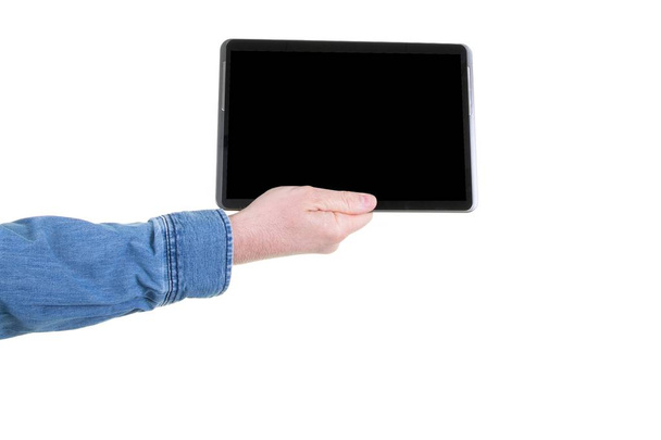 Tablette numérique avec écran noir vierge dans la main de l'homme isolé sur blanc
 - Photo, image