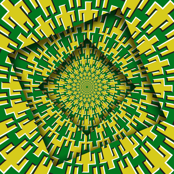 abstrakte gedrechselte Rahmen mit einem rotierenden gelb-grünen Männchen-Symbolmuster. optische Täuschung hypnotischer Hintergrund. - Vektor, Bild
