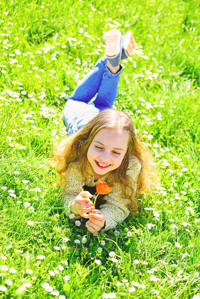 Girl lying on grass, grassplot on background. Child enjoy spring sunny day while lying at meadow with flowers. Seasonal allergy concept. Girl on smiling face holds red tulip flower, enjoy aroma - Photo, image